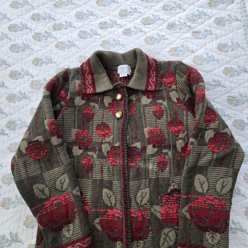 Floral Knit Cardigan - Red and Green
